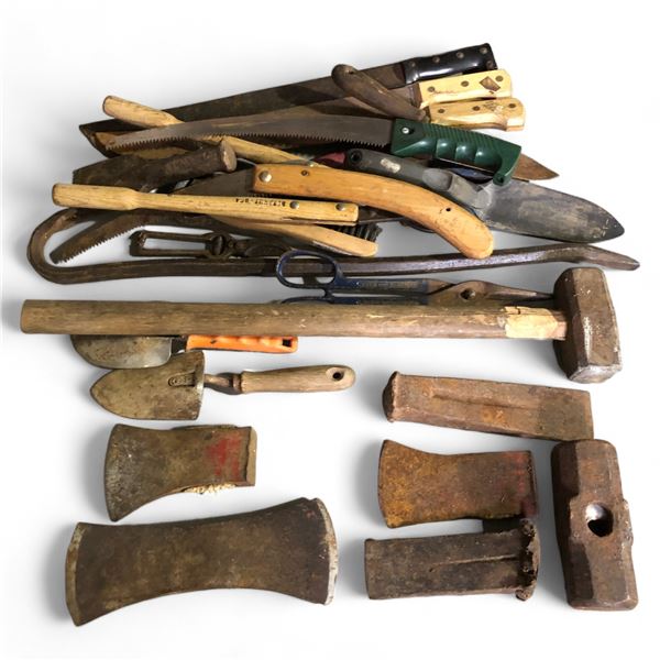Group of assorted gardening tools & misc. - hand saws/ machetes/ hand shovels/ axe blades