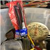 Image 2 : Tote full of assorted items - measuring cups/ chain/ rivet gun kit/ air compressor/ blades/ work glo