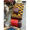 Image 8 : Group lot - Misc. decorative wall fixtures, checkers board, motorcycle, saw blade clock, Santa light