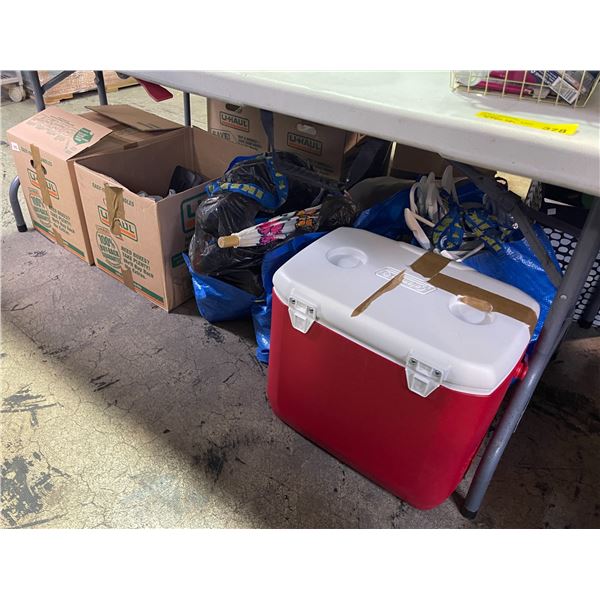 Group lot- Coleman cooler, kitchen wares, hangers, etc.