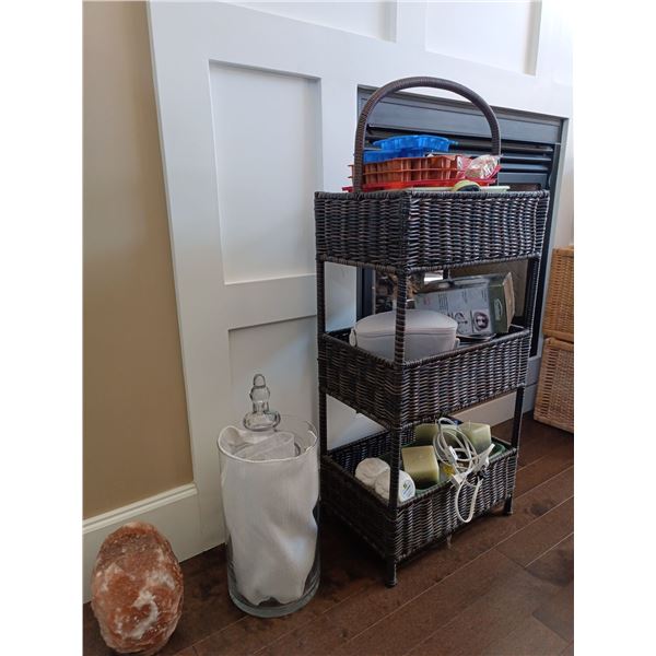 Decorative Items + Small Shelf (17W, 32T), Including Contents of Salt Light, Glass, Candles, etc