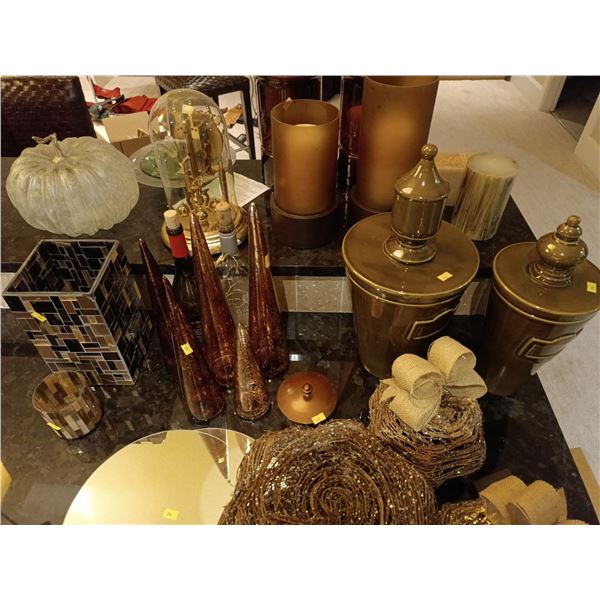 Various Home Decoration Items Including Candles with Holders, Wooden Pumpkins with lights, etc