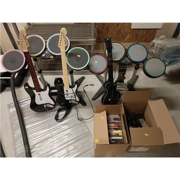Set of XBox 360 Video Games With Accessories; Controllers, Garage Band Guitars + Drums, etc