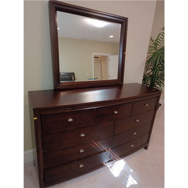 Wooden Dresser with Mirror - 'American Drew' Dresser is 64W, 18D, 39T. Mirror is 40W, 7D, 35T.