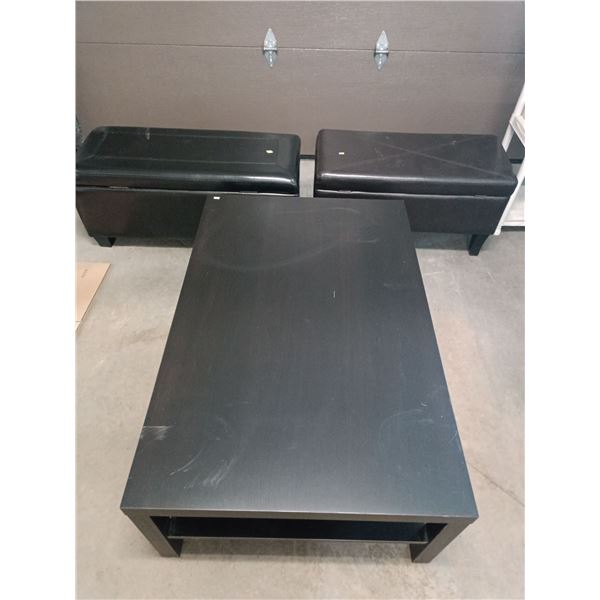 Dark Wooden Table with 2 Storage Benches; Table is 47W, 31D, 18T; Largest Bench is 40W, 16D, 18T