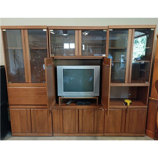 Set of Wooden TV Stand Plus 2 Side Matching Display Cases, TV Included