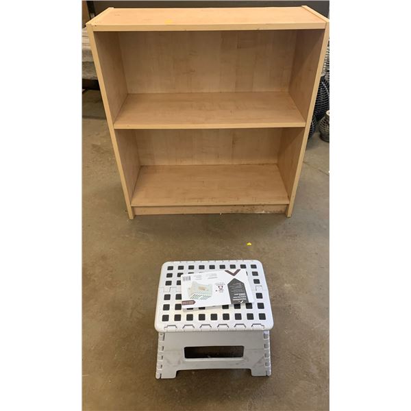 Small Wooden Shelf (28W, 12D, 30T), Small Stool, Dark Wooden Shelf (24W, 73T)