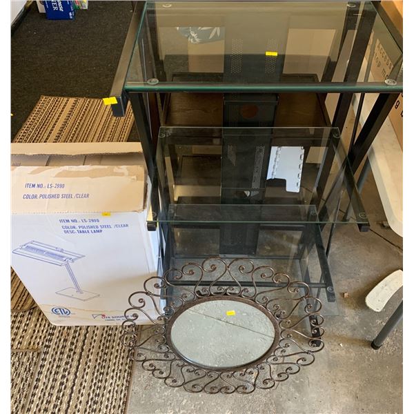 Unopened Box Table Lamp, with Hanging Mirror, and Metal and Glass Shelf