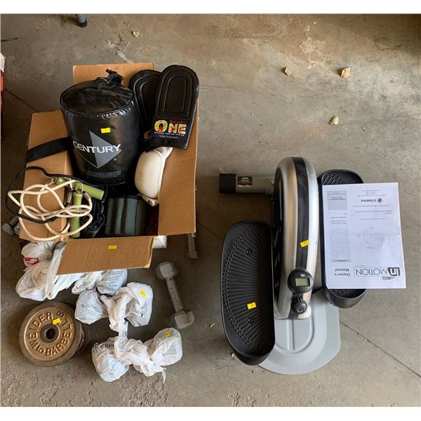 Set of Exercise Equipment Including Weights, Boxing Bags and Gloves, plus an In Motion e1000