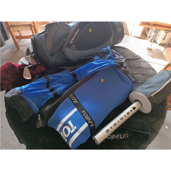Golfing Set Including Clubs, Club Bags, Ball Thrower