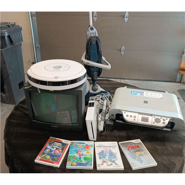 Set of Vintage Sony TV, Hoover Steam Scrub, iRobot Roomba, Canon Printer, and Nintendo Wii + Games