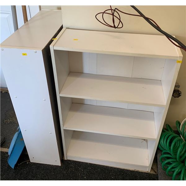 Table (62W, 45D, 31T)  White Small Shelves (24W, 9D, 36T Each), Black Small Cabinet (14W, 20D, 28T)