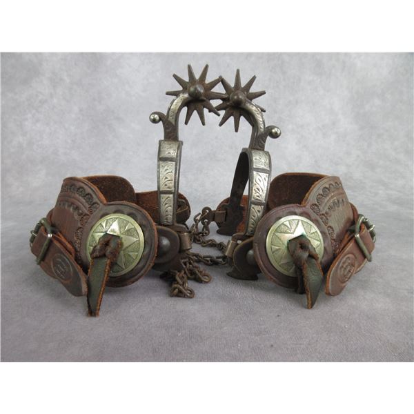 Unmarked Hernandez Silver Inlaid Spurs- .7" Bands- 2" Drop Shanks- 1.8" 10 Point Rowels- Barrel Chap