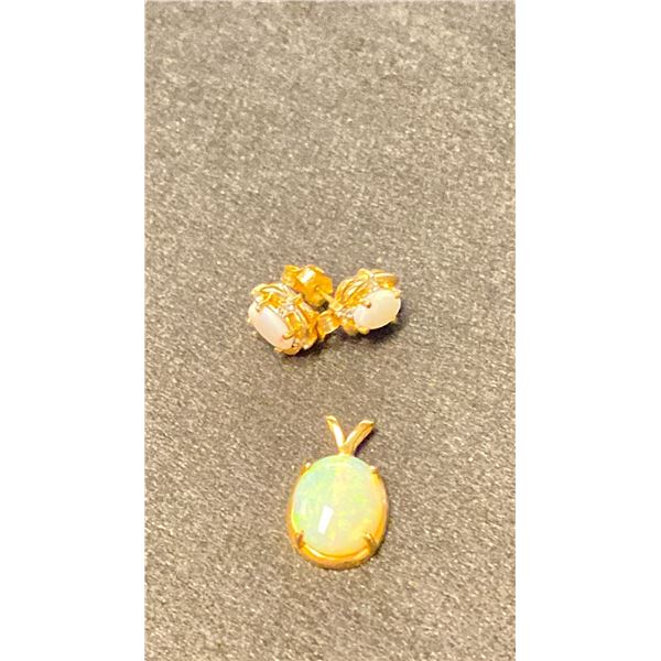 14K PENDANT SET WITH OPAL & PAIR 10K EARRINGS SET WITH OPALS AND DIAMONDS (3.5G TOTAL)