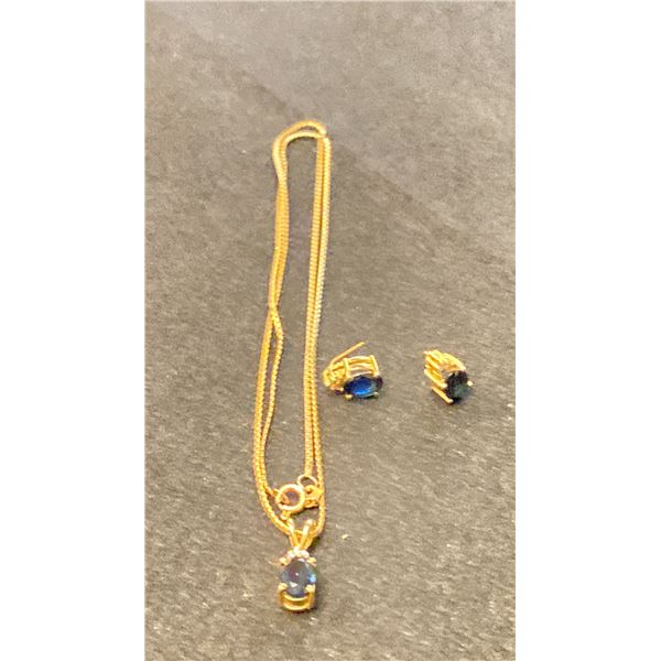 10K CHAIN (17") WITH 14K PENDANT SET WITH SAPPHIRE & DIAMONDS & PAIR 14K EARRINGS SET WITH SAPPHIRE
