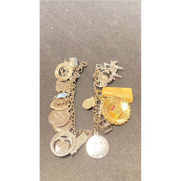SILVER CHARM BRACELET WITH MULTIPLE SILVER, 14K AND IVORY CHARMS (53G)