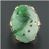 Image 2 : Vintage 10k Yellow Gold Oval Floral Carved Jade w/ Etched Open Work Platter Ring
