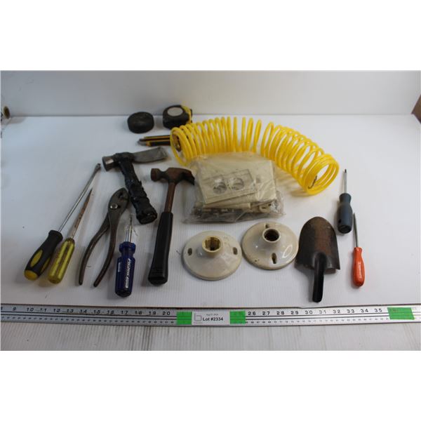 Yellow Hose, Assorted Hammers and Screwdrivers and Assorted Items