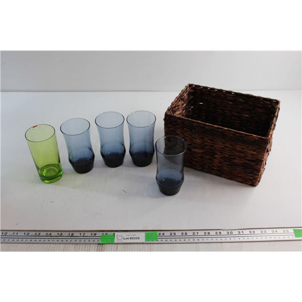 (5) Assorted Glasses and Woven Basket