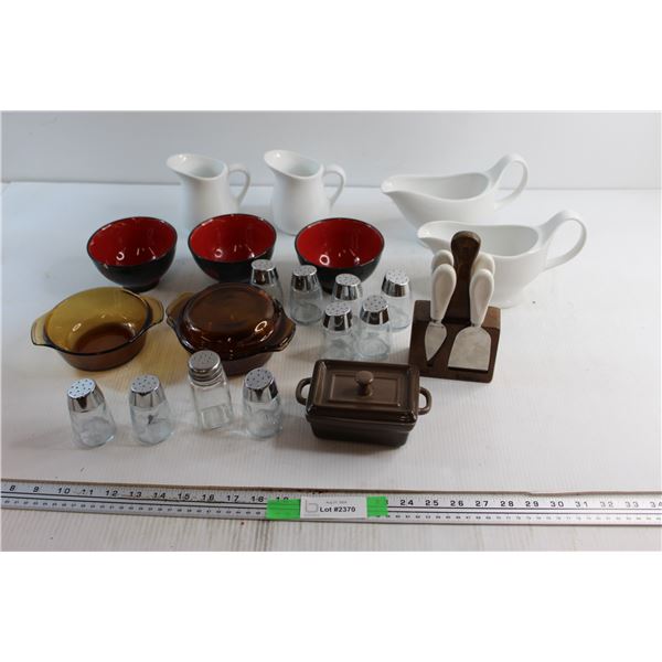 Assorted Salt & Pepper Shakers, (2) Anchor Hocking and Amber Dish, Cheese Knife Block and Gravy Boat