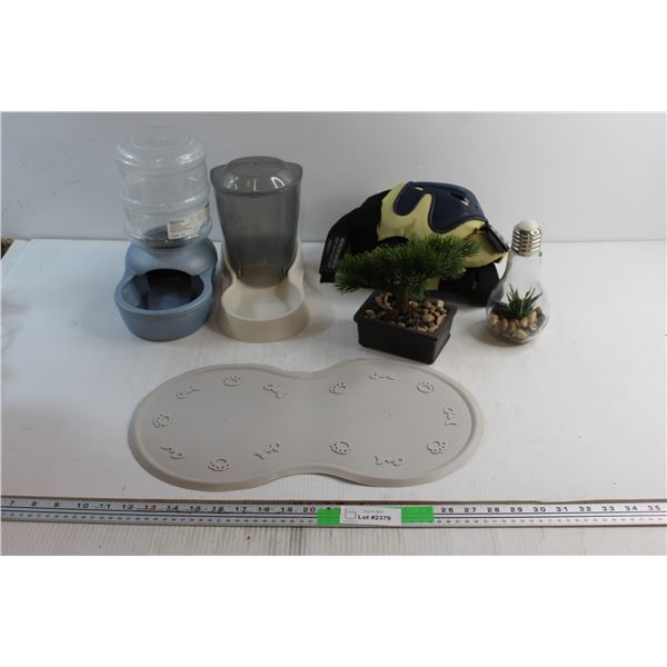 Light Bulb Decoration, (2) Cat Feeders, Bauer X-Tra Knee Protection and Assorted Items