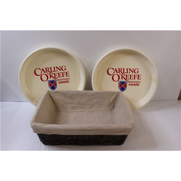 (2) Carling O'Keefe Beer Serving Trays & Wicker Basket