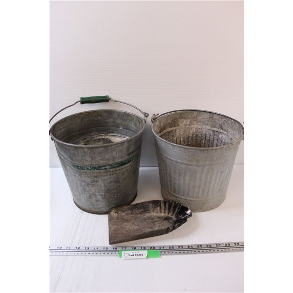 (2) Galvanized Antique Buckets (10" x 12") & Stove Shovel (Handle Broken)
