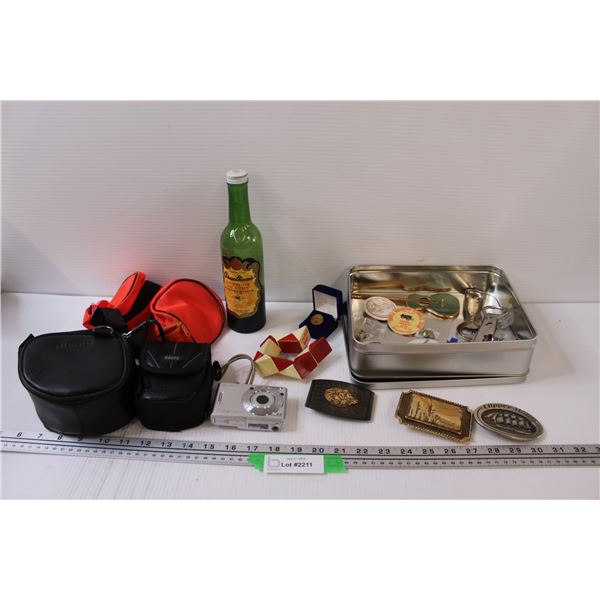 Lot: Sony Cybershot Camera, (3) Belt Buckles, Bottle Openers, Misc.