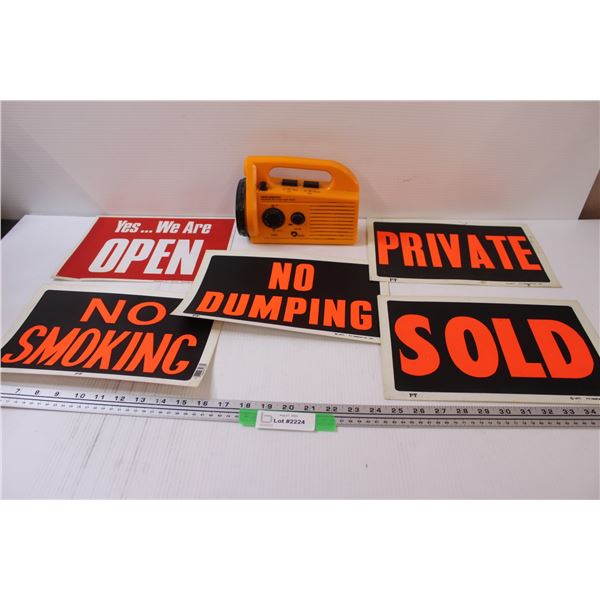 (5) Signs & Radio Flashlight, as is