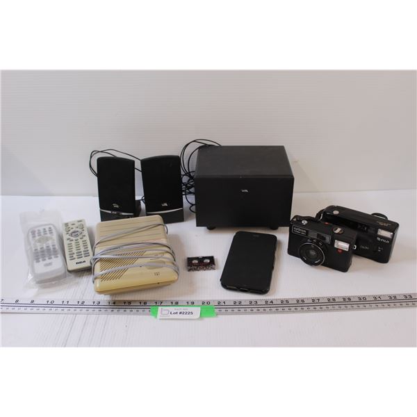 Lot: Opticam Camera, Fuji Camera, Smart Phone Case, Computer Speakers, Remotes, Answering Machine,