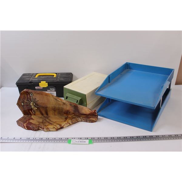 Carved Stone Mantle Battery Operated Clock, (2) Office Organizers, Tool Box