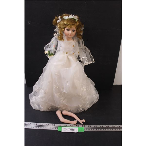 Porcelain Bride Doll w/Stand - 16" Tall (Arms Needs Repair)