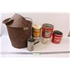 Image 1 : Antique Straining Bucket, Oil Pouring Can, (5) Assorted Tins