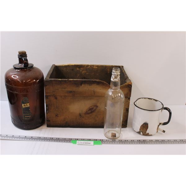 Antique Wooden Crate w/Brown Juice Jug, Enamel Medical Cup & Glass Bottle
