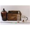 Image 1 : Antique Wooden Crate w/Brown Juice Jug, Enamel Medical Cup & Glass Bottle