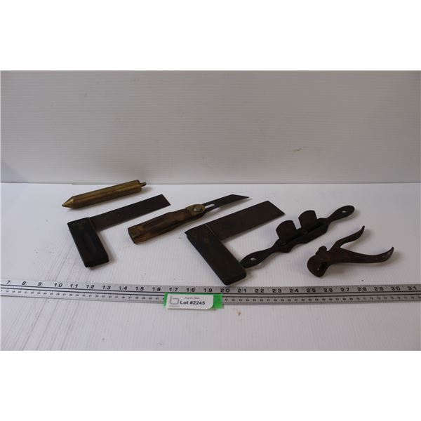 Antique Hand Tools: Squares, Spoke Wood Plane, Saw Blade Angle Sharpener, Brass Plumb.