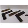 Image 6 : Antique Hand Tools: Squares, Spoke Wood Plane, Saw Blade Angle Sharpener, Brass Plumb.