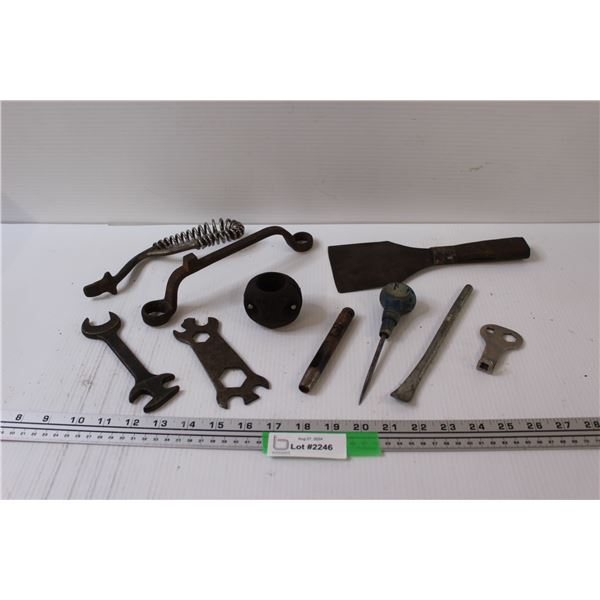 Antique Hand Tools: Various Wrenches, Punch, Bull Horn Clamp, Stove Lid Handle, Misc.