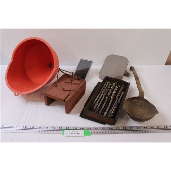 Antique Drill Bit Set, Ladle, Funnel, (2) Mirrors