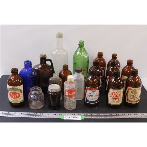 Vintage Glass Bottle Lot: Molson, Alta, Resdan, Medicine, Blue & Green Bottles, Misc.
