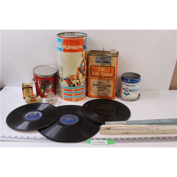 Vintage Playskool Toy Blocks, Glass Ink Block, Shamrock Lard Container, (3) Records (2) Science Ther