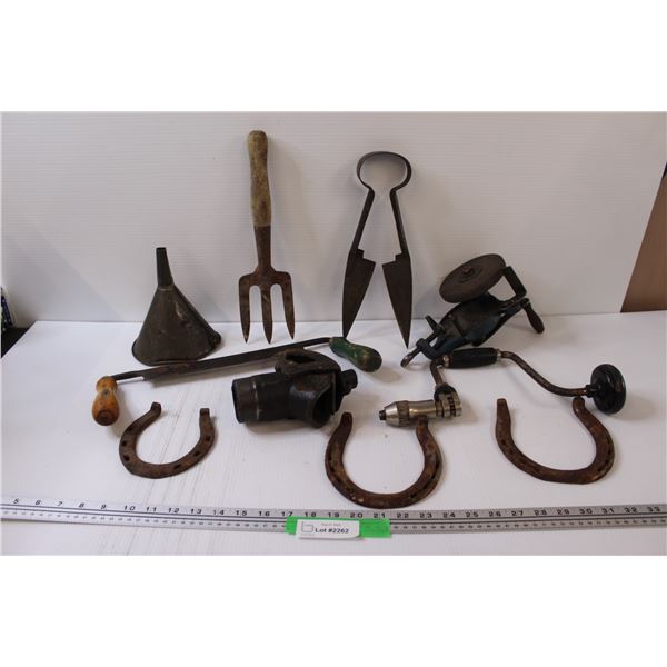 Antique Tools: Hand Crank Grinding Wheel, (3) Good Luck Horse Shoes, Hand Drill, Wood Shaver, Funnel