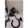 Image 2 : Antique Tools: Hand Crank Grinding Wheel, (3) Good Luck Horse Shoes, Hand Drill, Wood Shaver, Funnel