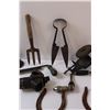 Image 3 : Antique Tools: Hand Crank Grinding Wheel, (3) Good Luck Horse Shoes, Hand Drill, Wood Shaver, Funnel