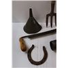 Image 5 : Antique Tools: Hand Crank Grinding Wheel, (3) Good Luck Horse Shoes, Hand Drill, Wood Shaver, Funnel