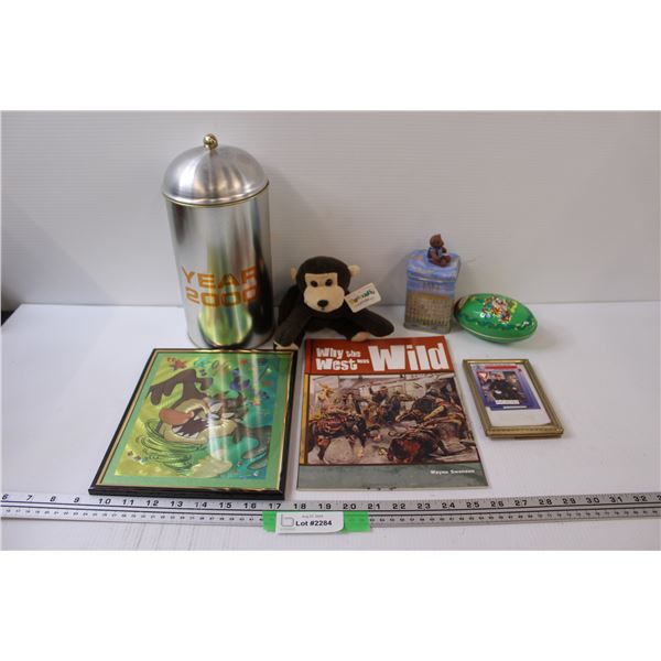 Lot: Year 2000 Tin, (2) Tazmanian Devil Themed Items, Beanie Monkey, Book: Why the West was Wild, Mi