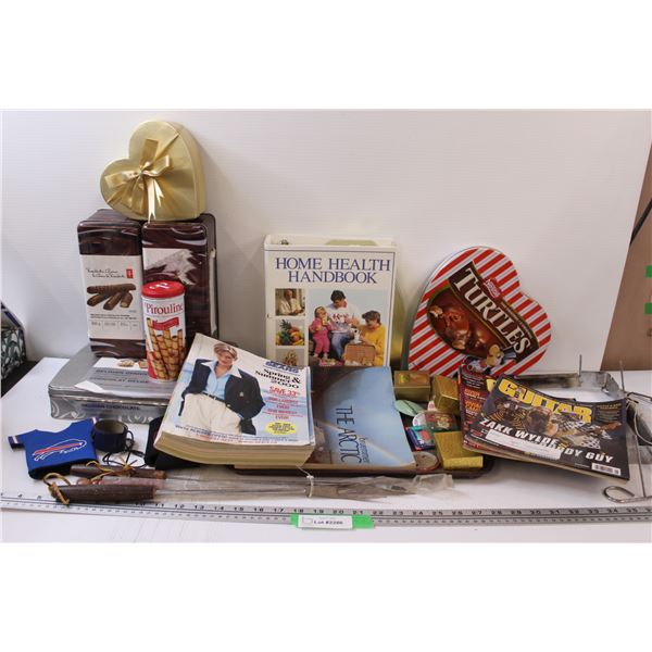 Lot: (2) Guitar Magazines Featuring Zakk Wylde, Sears Catalogue, Various Storage Tins, (3) Skewers, 