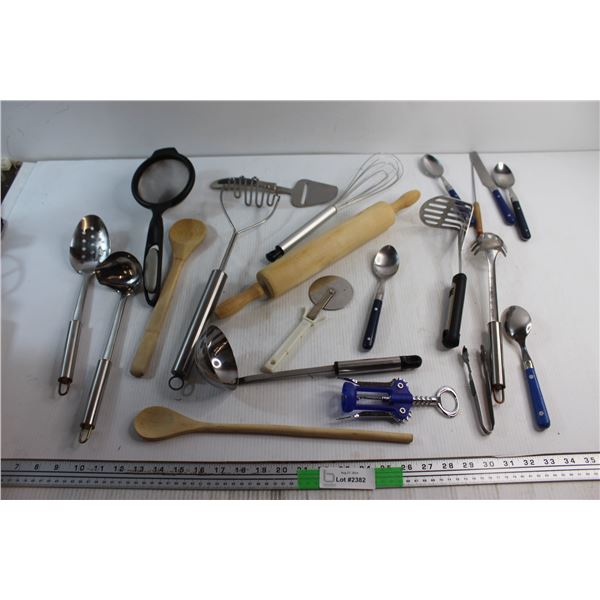 (4) Spoons, Pizza Cutter and Assorted Kitchenware