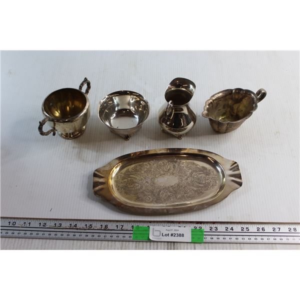 Silver Tray, Sugar Bowl, Creamers and Cup