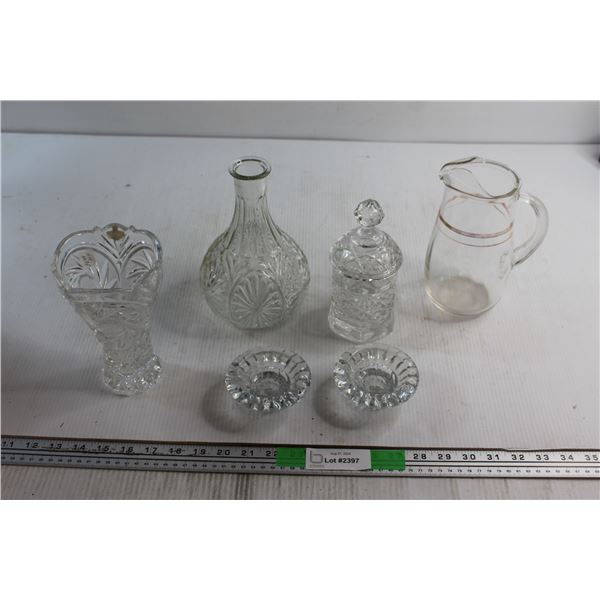 Crystal Candle Holder Set, Glass Decanter, Vase and Assorted Glassware